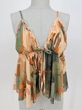 Forest Fairy Mesh Babydoll Top XL Boho Earthy Grunge Y2K Festival Tankini Floral